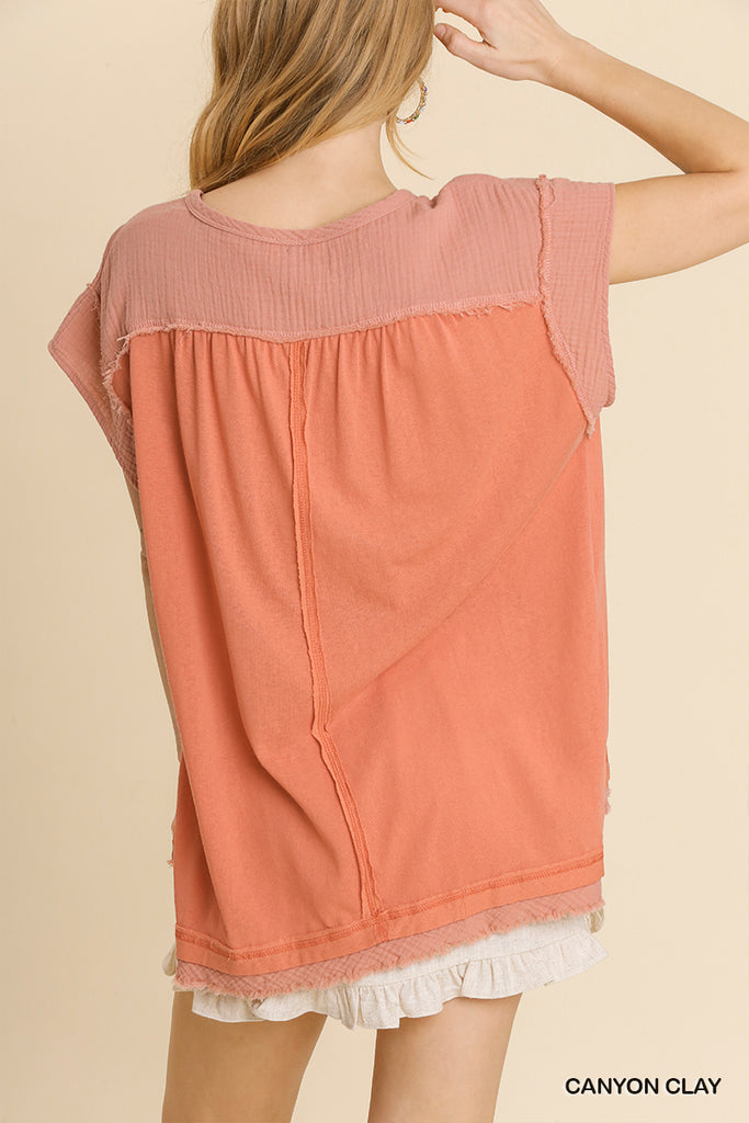 Umgee Teryn Womens Top Cotton in Clay Frayed Edges S-L