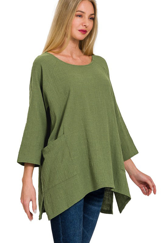 Zenana Two Pockets Womens Pullover Top Gauze in 7Colors S-XL