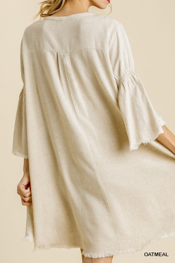 Umgee Tyra Linen Womens Dress Frayed Edges Bell Sleeve S-L Oatmeal