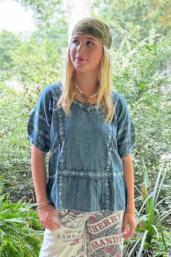 Jaded Gypsy Patchwork Skies Womens Blouse in Chambray