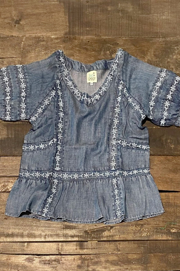 Jaded Gypsy Patchwork Skies Womens Blouse in Chambray