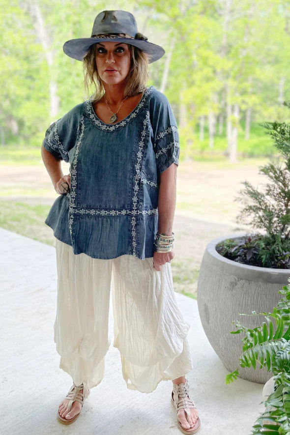 Jaded Gypsy Patchwork Skies Womens Blouse in Chambray