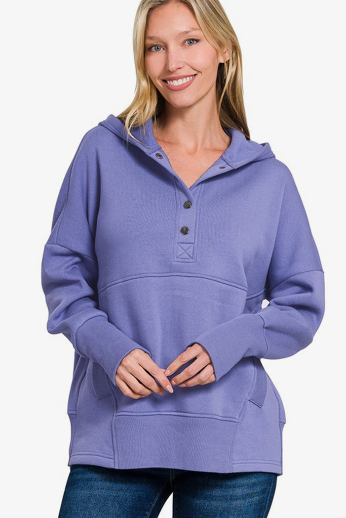 Zenana Half Snap Long Sleeve Womens Hoodie with Kangaroo Pocket