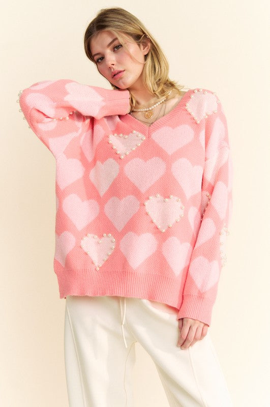 Davi & Dani Heart Pearl Side Slit V Neck Womens Sweater