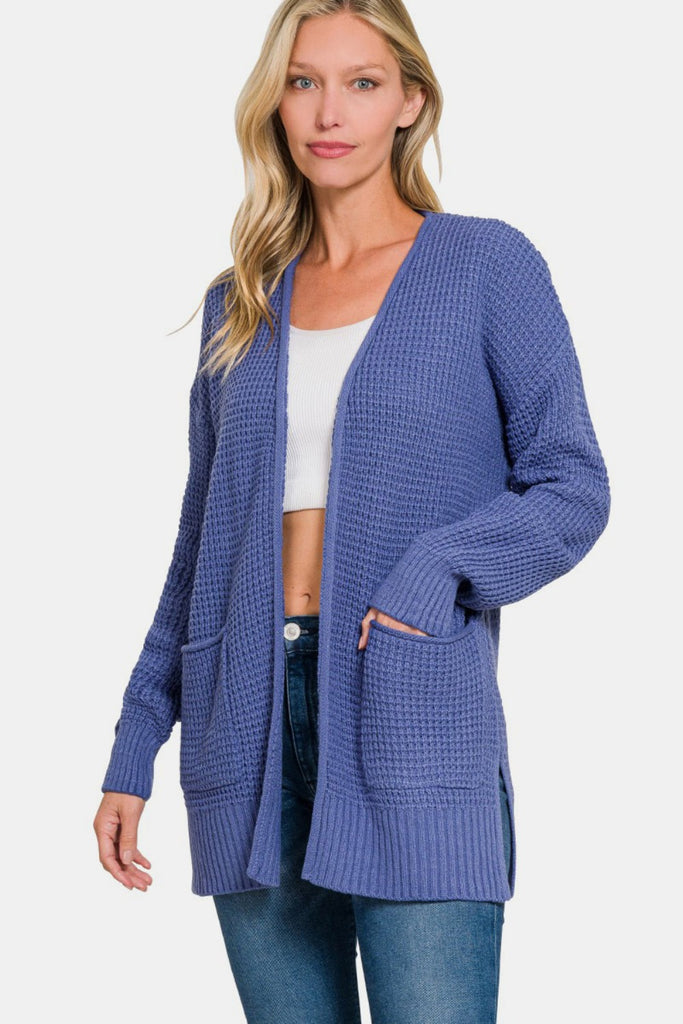 Zenana Waffle Open Front Womens Sweater Cardigan in Marlin Blue