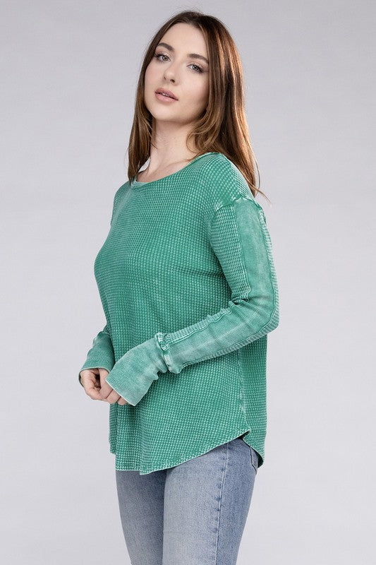 Zenana Washed Baby Waffle Long Sleeve Top 4Colors S-L