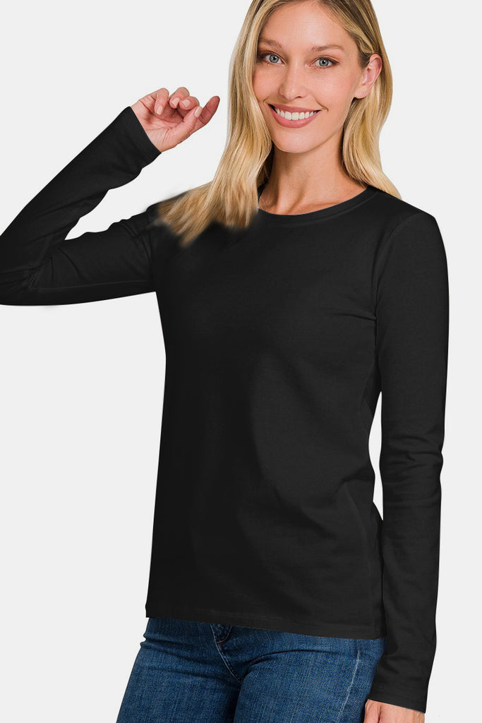 Zenana Pullover Solid Color Round Neck Long Sleeve Womens T-Shirt S-3X