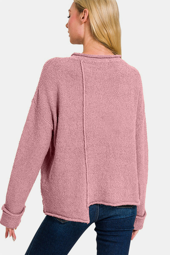 Zenana Asymmetric Hem Drop Shoulder Womens Sweater