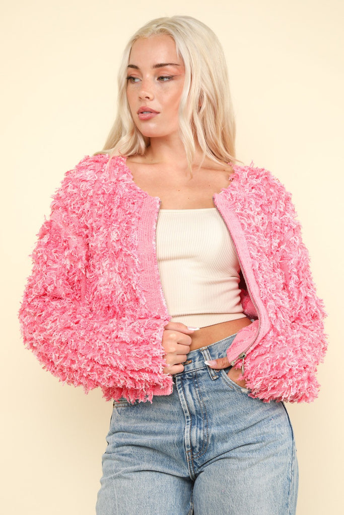 VERY J Shaggy Yarn Knit Zip Up Womens Jacket in Pink Multi