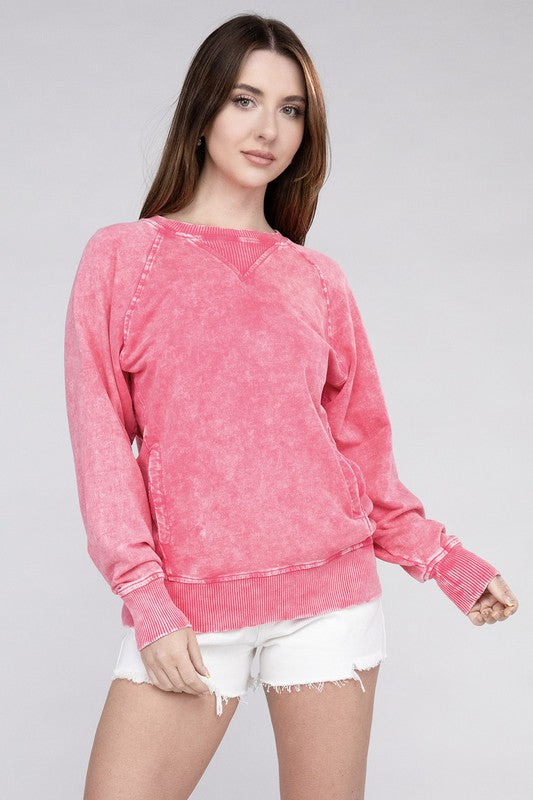 Zenana Acid Washed French Terry Pullover With Pockets S-L