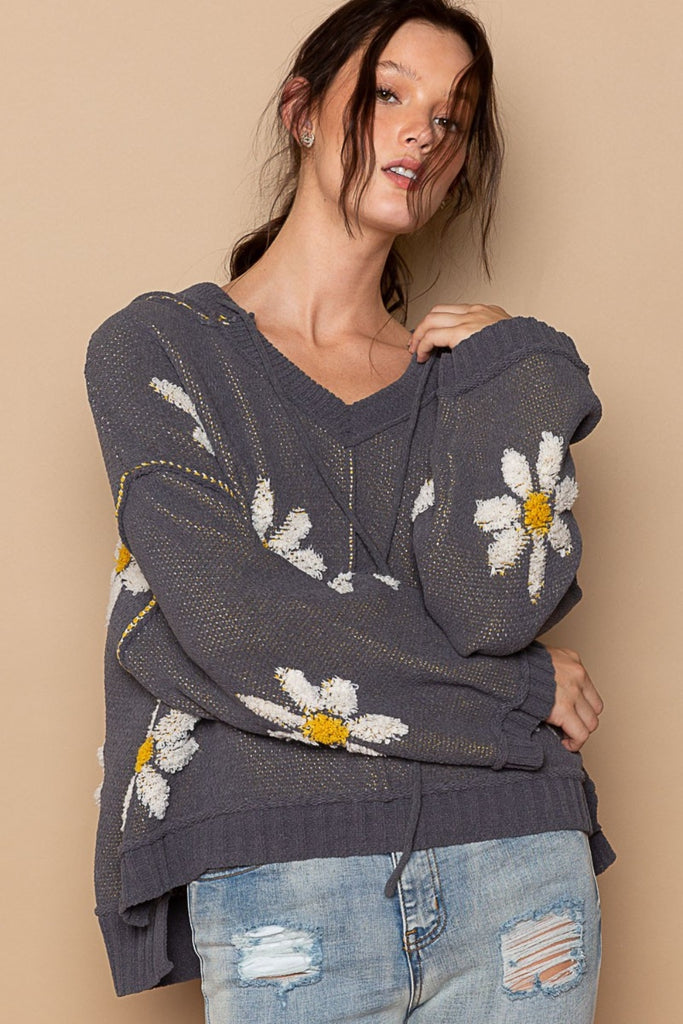 POL Floral Pattern Hooded High-Low Womens Sweater Charcoal S-L