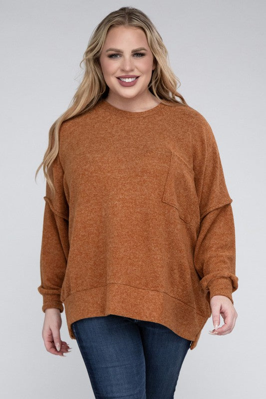 Zenana Plus Size Brushed Melange Drop Shoulder Womens Sweater 5Colors