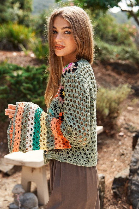 Davi & Dani Crochet Striped Sleeve Knit Womens Sweater 3 Colors