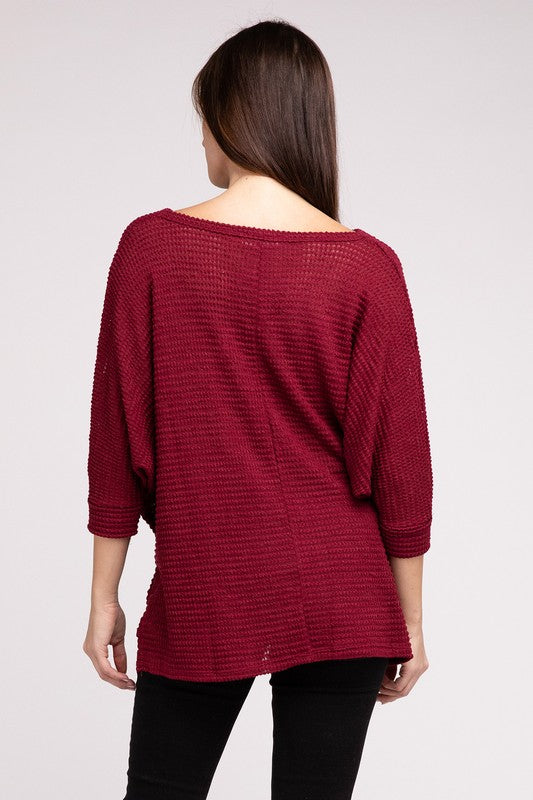 Zenana 3/4 Sleeve V-Neck Hi-Low Jacquard Sweater 6Colors S-L
