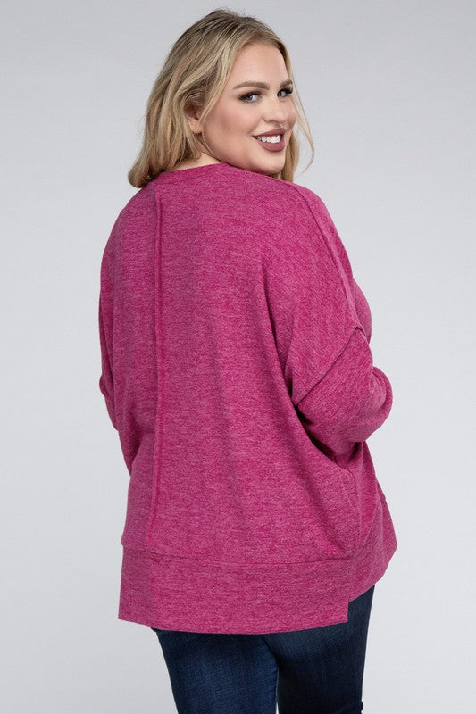 Zenana Plus Size Brushed Melange Drop Shoulder Sweater 5Colors
