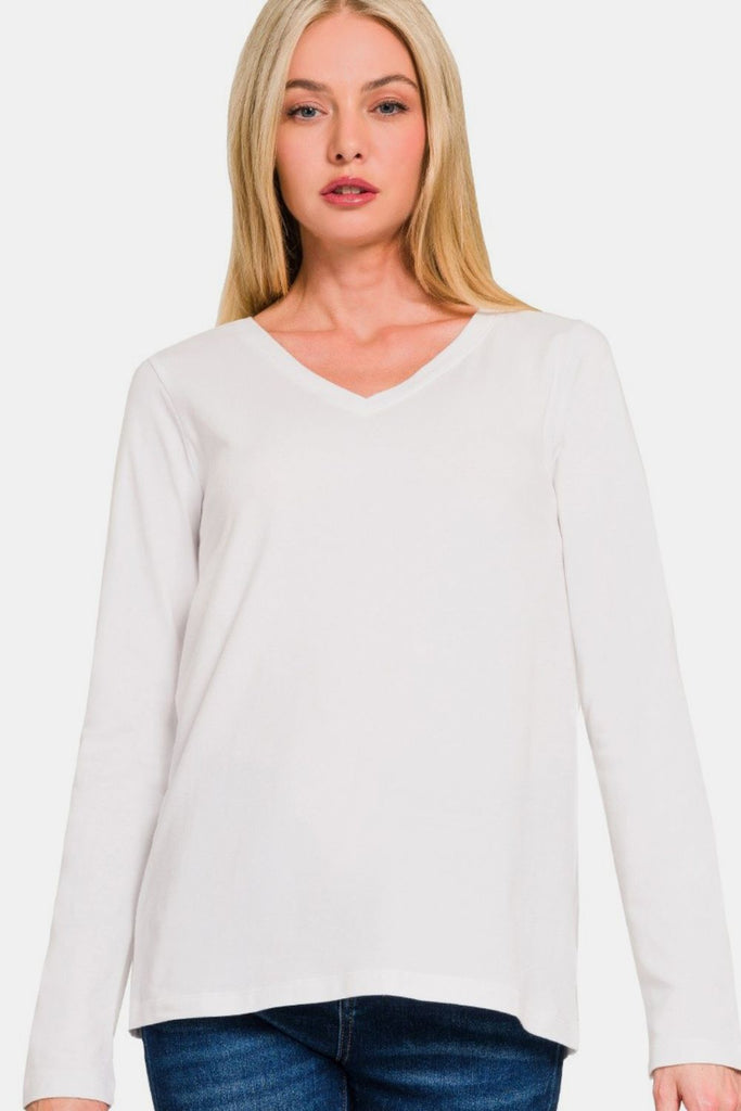 Zenana Pullover V-Neck Long Sleeve Womens T-Shirt S-3X