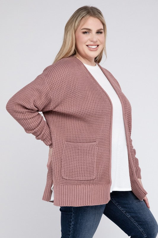 Zenana Plus Size Waffle Open Cardigan Womens Sweater 4Colors