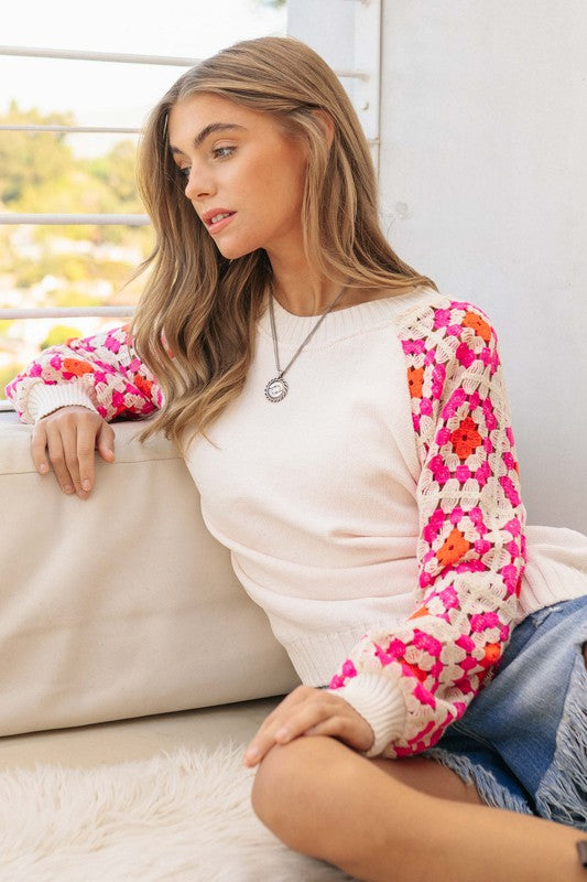 Davi & Dani Crochet Detailed Knit Womens Sweater Top Pink or White S-L