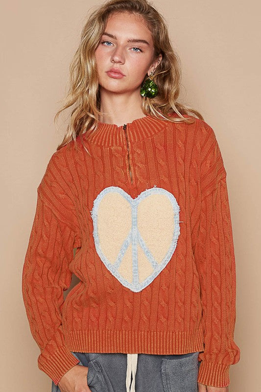 POL Clothing Cable-Knit Peace Patch Dropped Shoulder Womens Sweater