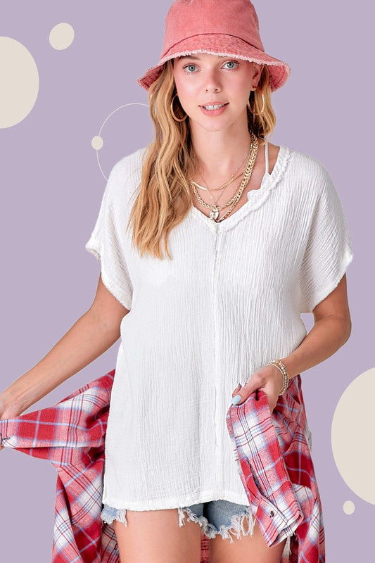La Miel Cotton Gauze V-Neck Pullover Wendy Womens Top 2Colors S-L