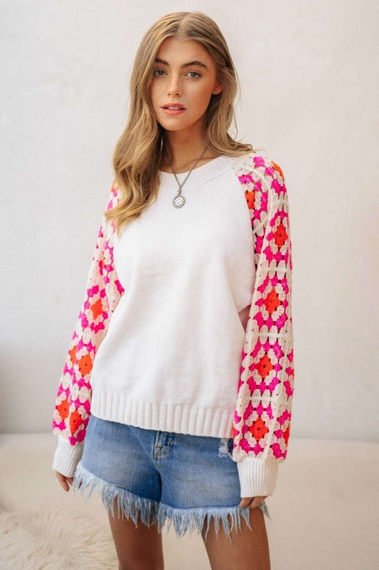 Davi & Dani Crochet Detailed Knit Womens Sweater Top Pink or White S-L