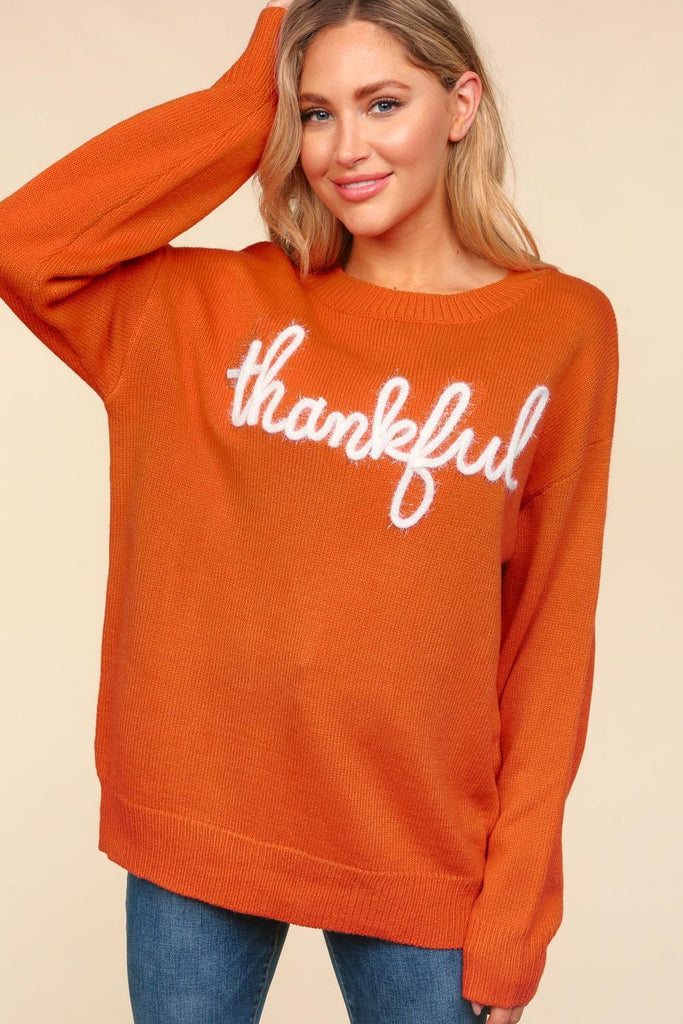 Haptics Full Size Metallic Thankful Embroidery Womens Sweater