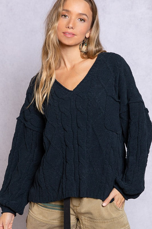 POL Clothing Oversized V-Neck Sweater with Open Back Detail 2Colors