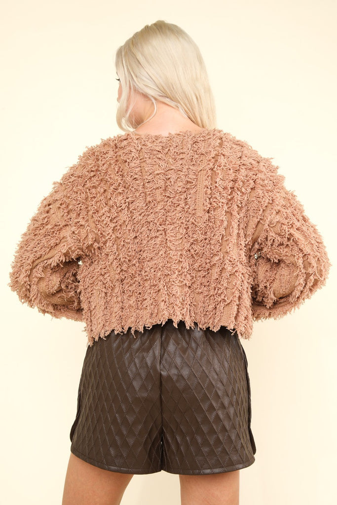 VERY J Shaggy Yarn Knit Zip Up Womens Jacket in Mocha