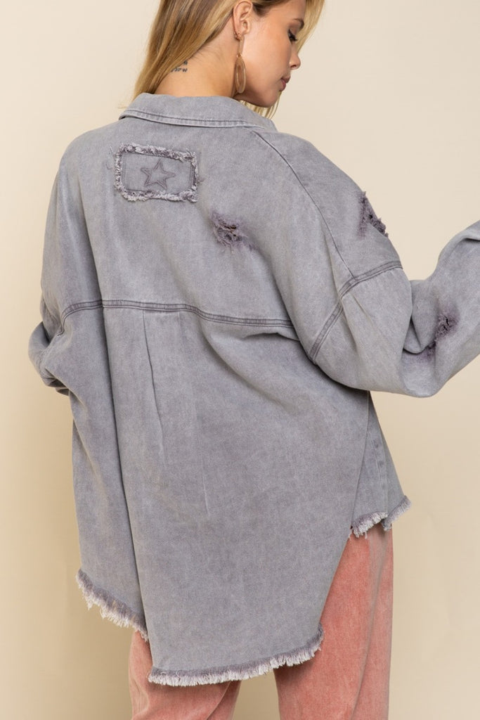 POL Clothing Button Down Raw Hem Distressed Womens Shacket S-L