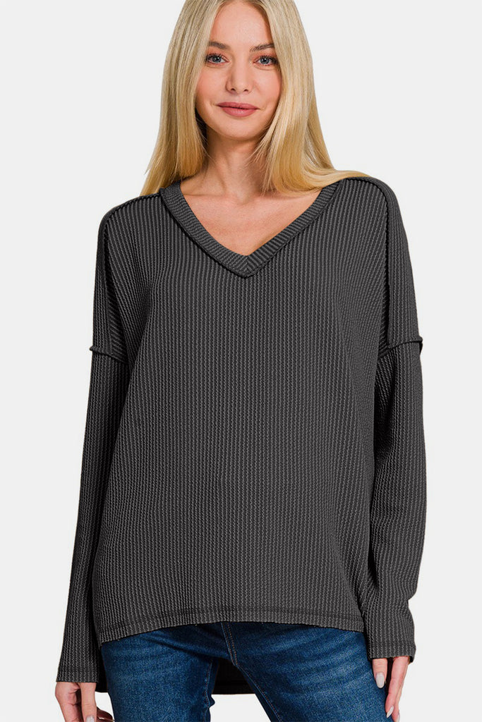 Zenana Waffle Exposed Seam V-Neck Long Sleeve Pullover