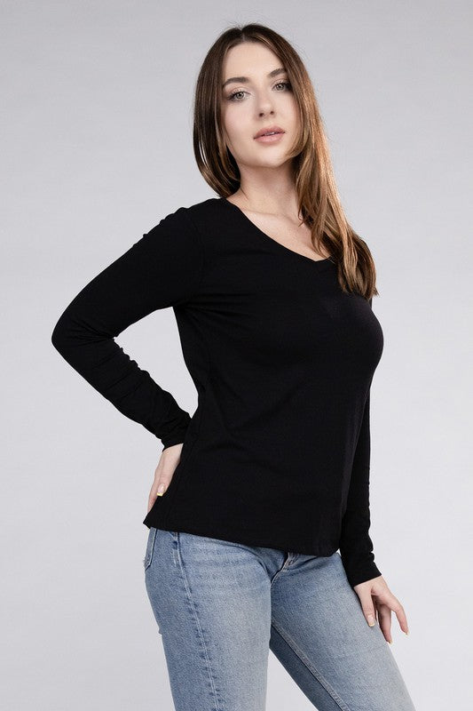 Zenana Cotton V-Neck Long Sleeve T-Shirt Black/White S-XL
