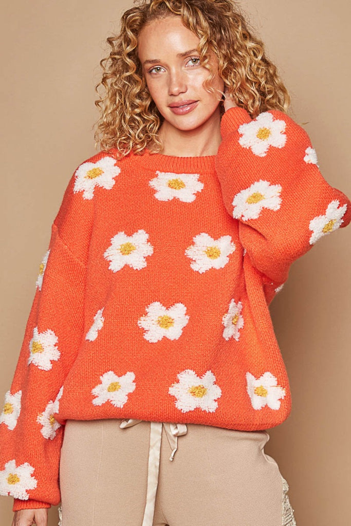 POL Daisy Pattern Drop Shoulder Womens Sweater S-L