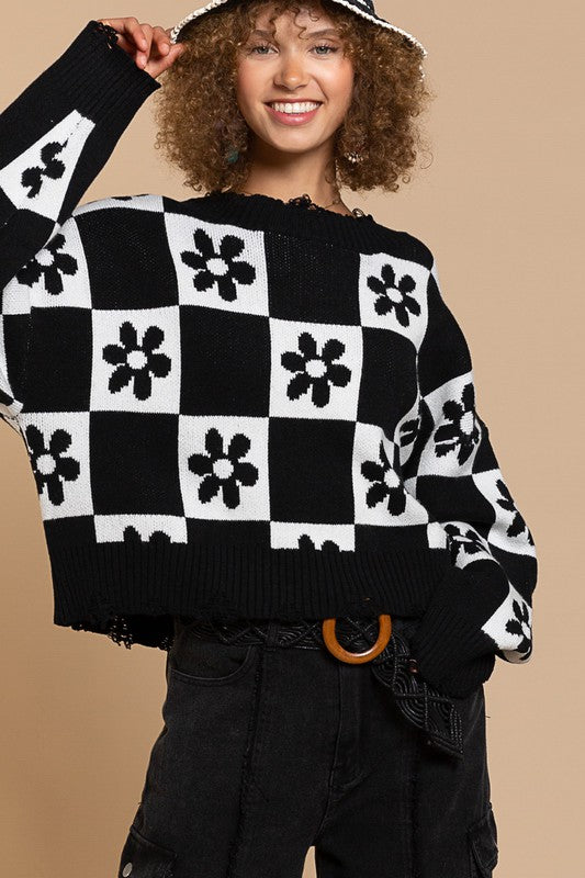 POL Clothing Flower Checkers Womens Sweater Black or Orange S-L