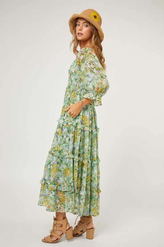 Davi & Dani Bohemian Floral Chiffon Womens Midi Dress S-XL