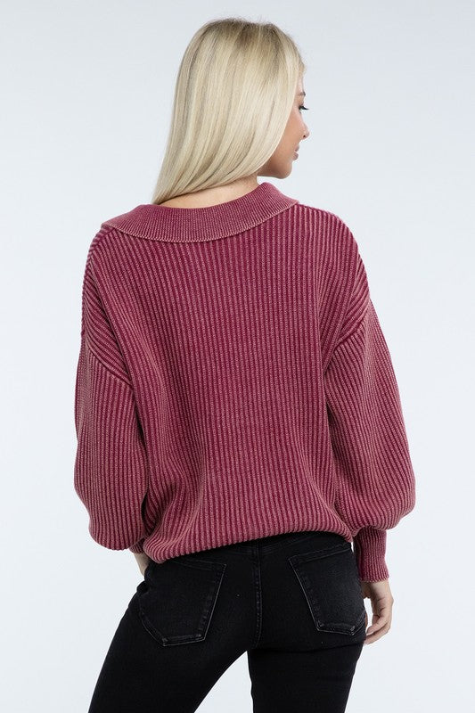 Zenana Washed Collared Henley Womens Sweater 6 Colors