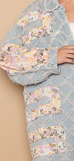 POL Clothing Contrast Floral Frayed Textured Jacket Shacket S-L