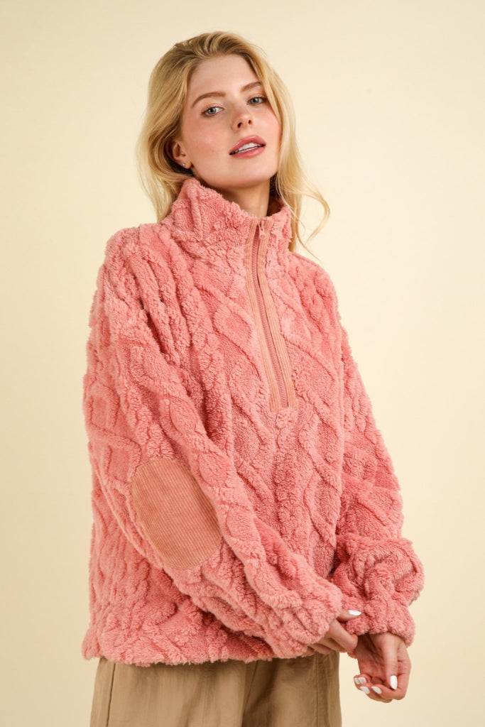 VERY J Fuzzy Fleece Half Zip Cable Pattern Womens Pullover in Blush