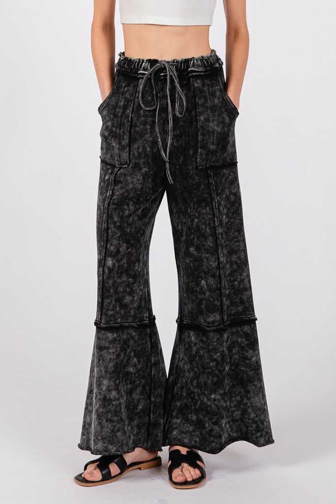 SAGE + FIG Mineral Washed Cotton Terry Wide Leg Womens Pants in Ash