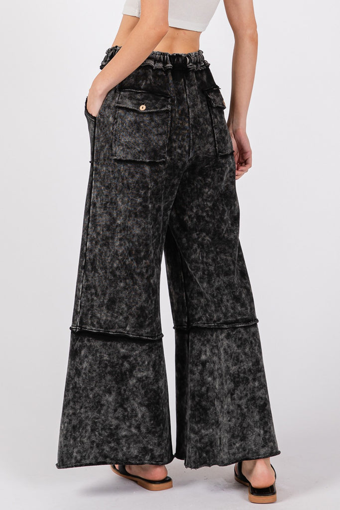 SAGE + FIG Mineral Washed Cotton Terry Wide Leg Womens Pants in Ash