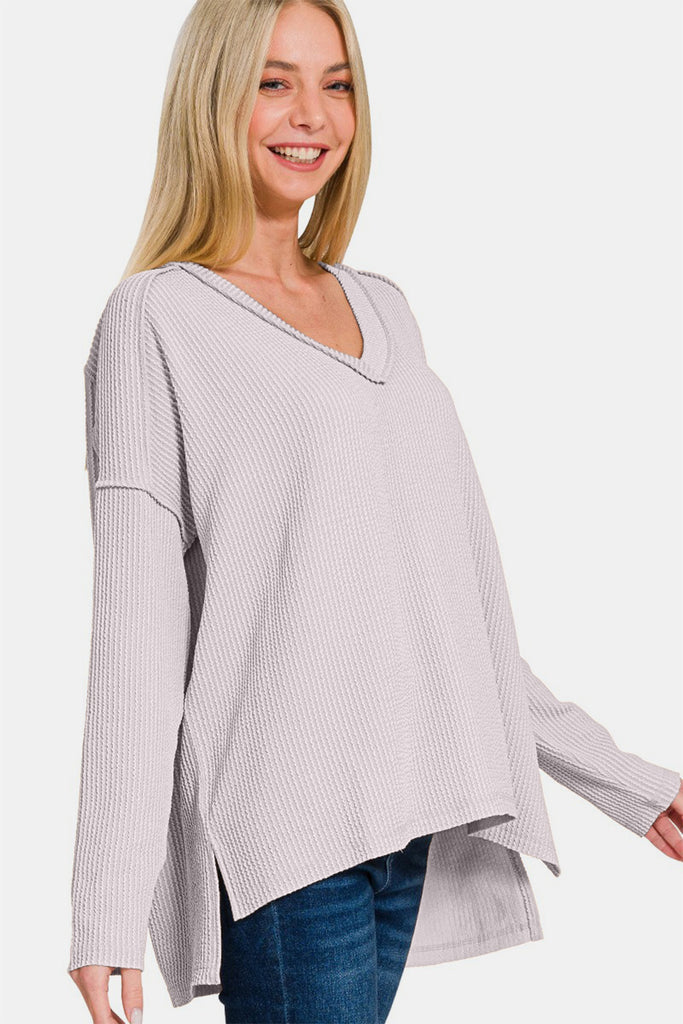 Zenana Waffle Exposed Seam V-Neck Long Sleeve Womens Pullover