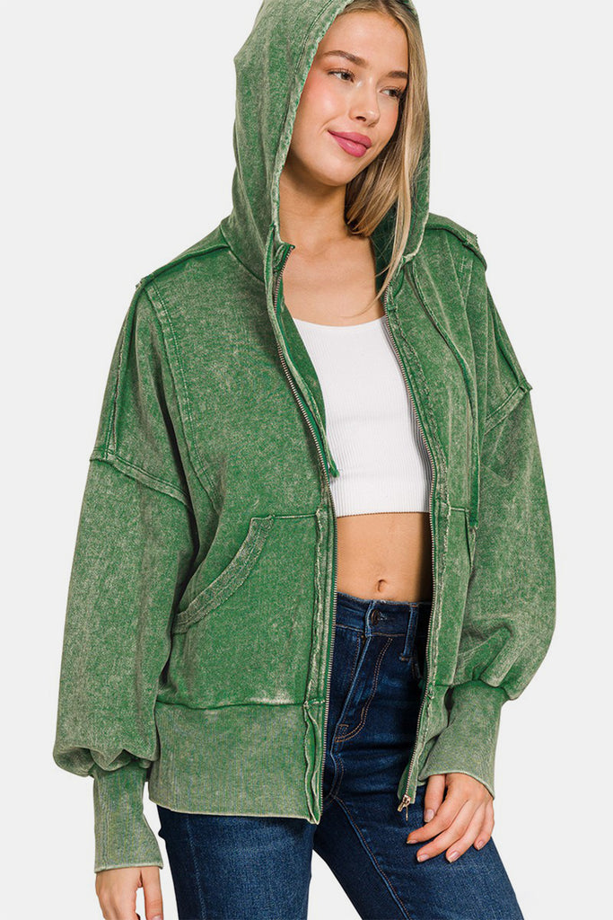 Zenana Acid Washed French Terry Zip-Up Womens Hoodie with Pockets in Green