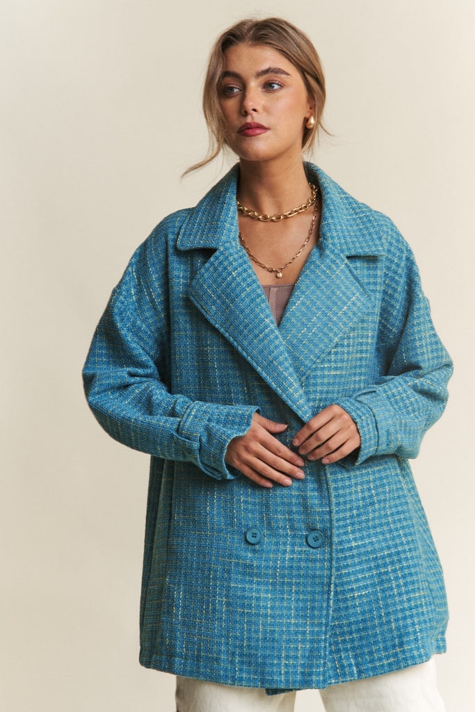 J.NNA Tweed Double-Breasted Long Sleeve Womens Coat