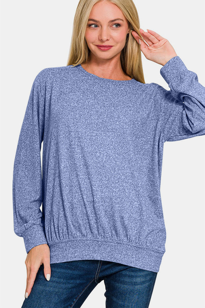 Zenana Pullover Melange Round Neck Womens Top S-3X