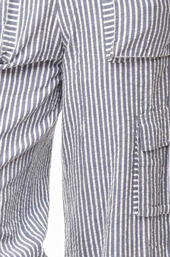 Calista Women's Cargo Pant in Marina White Seersucker Stripe