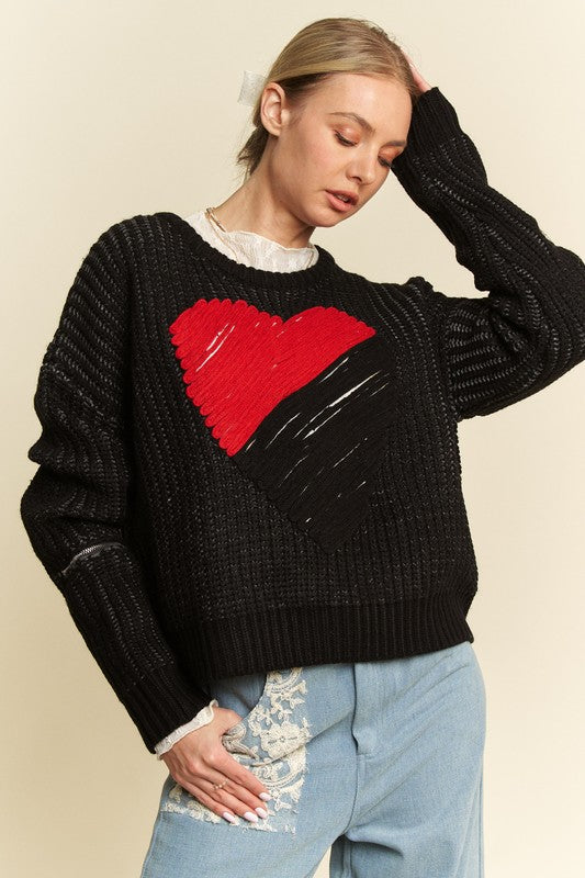 Davi & Dani Contrast Heart Dropped Shoulder Womens Sweater