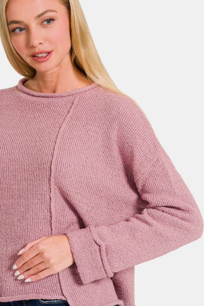 Zenana Asymmetric Hem Drop Shoulder Womens Sweater