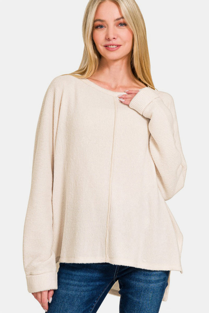 Zenana High-Low Side Slit Round Neck Pullover Womens Sweater