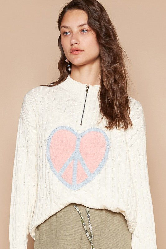 POL Clothing Cable-Knit Peace Patch Dropped Shoulder Womens Sweater