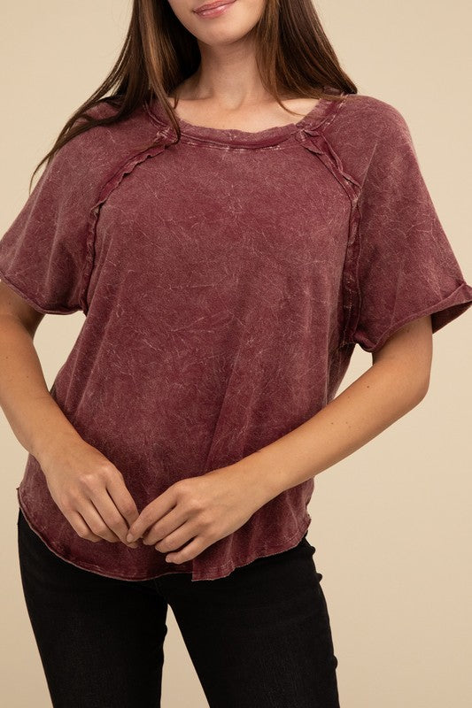 Zenana Back Patch Crinkle Washed Raglan Womens T-Shirt 3Colors S-XL