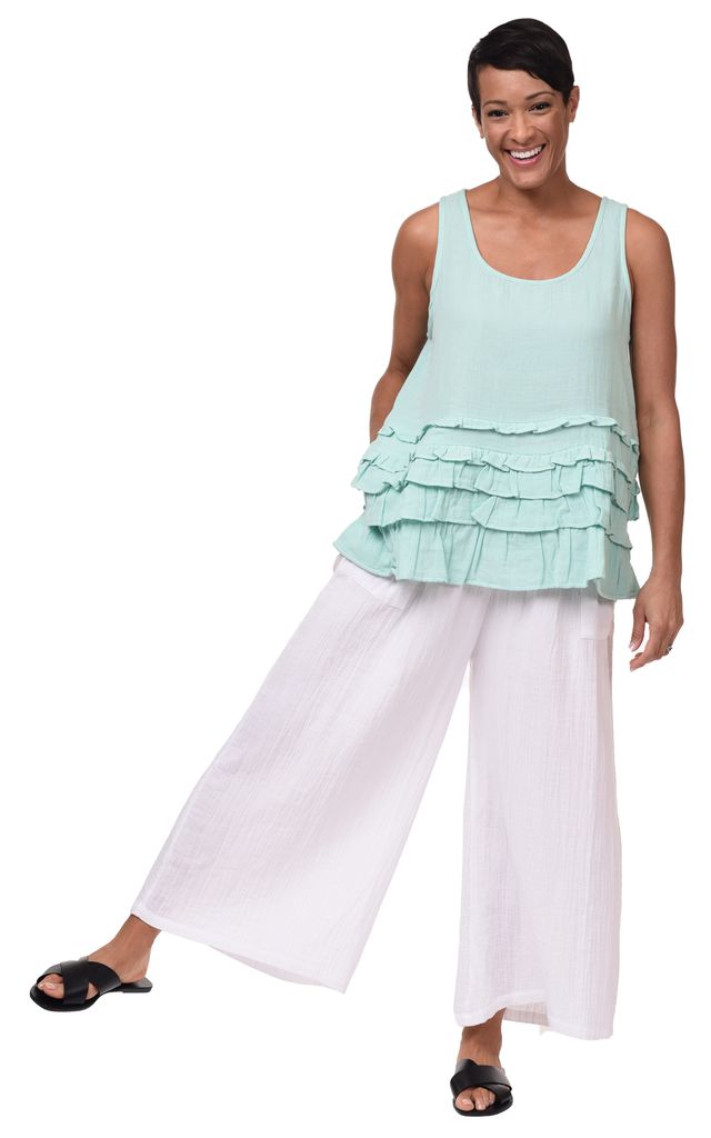 Cara Tank Womens Ruffle Cotton Gauze Tank Top in Aqua